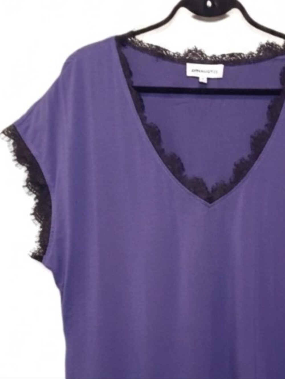 ANNA SCHOLZ Fringed Tunic Top Short Dolman Sleeve Vneck Eyelash Lace Blouse - Picture 2 of 6